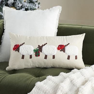 Mina Victory Holiday Applique Sheep 12" x 24" Beige Indoor Throw Pillow