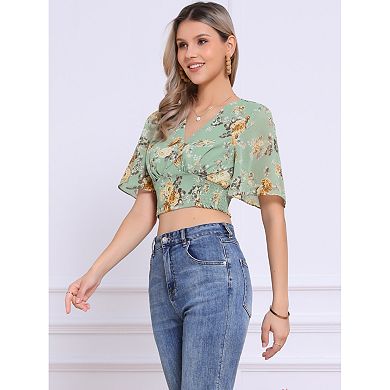 Women's Floral Flare Short Sleeve V Neck Smocked Crop Tops