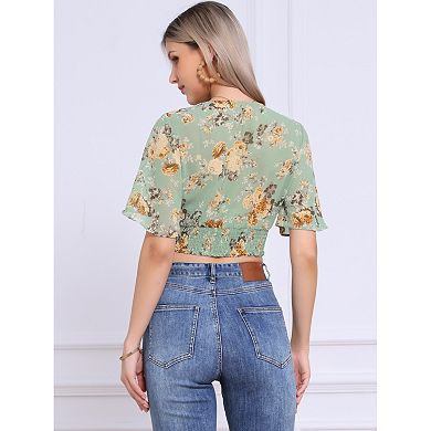 Women's Floral Flare Short Sleeve V Neck Smocked Crop Tops