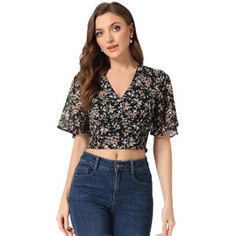 Women's Floral Flare Short Sleeve V Neck Smocked Crop Tops