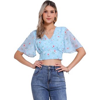 Women's Floral Flare Short Sleeve V Neck Smocked Crop Tops