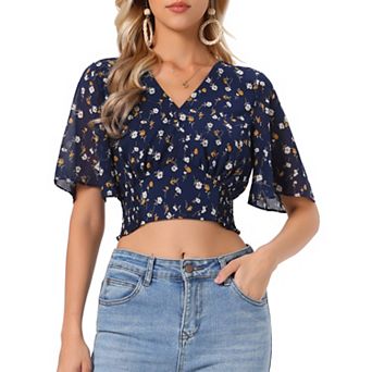 Women's Floral Flare Short Sleeve V Neck Smocked Crop Tops