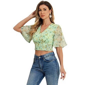 Women's Floral Flare Short Sleeve V Neck Smocked Crop Tops