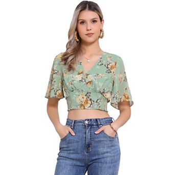 Women's Floral Flare Short Sleeve V Neck Smocked Crop Tops