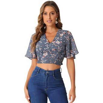 Women's Floral Flare Short Sleeve V Neck Smocked Crop Tops