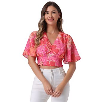 Women's Floral Flare Short Sleeve V Neck Smocked Crop Tops