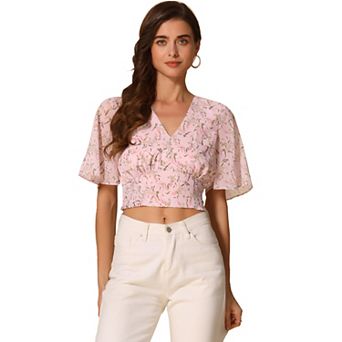 Women's Floral Flare Short Sleeve V Neck Smocked Crop Tops