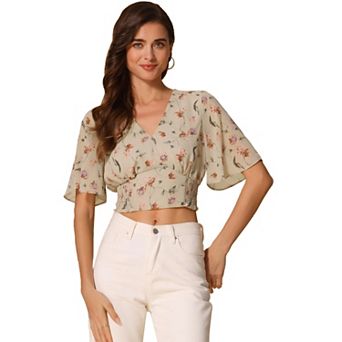 Women's Floral Flare Short Sleeve V Neck Smocked Crop Tops