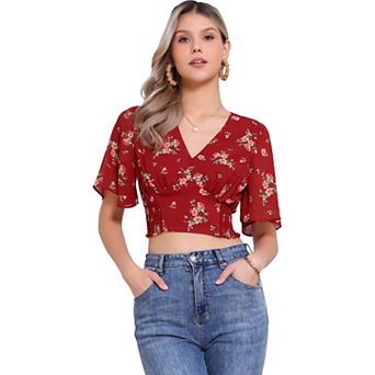 Women's Floral Flare Short Sleeve V Neck Smocked Crop Tops