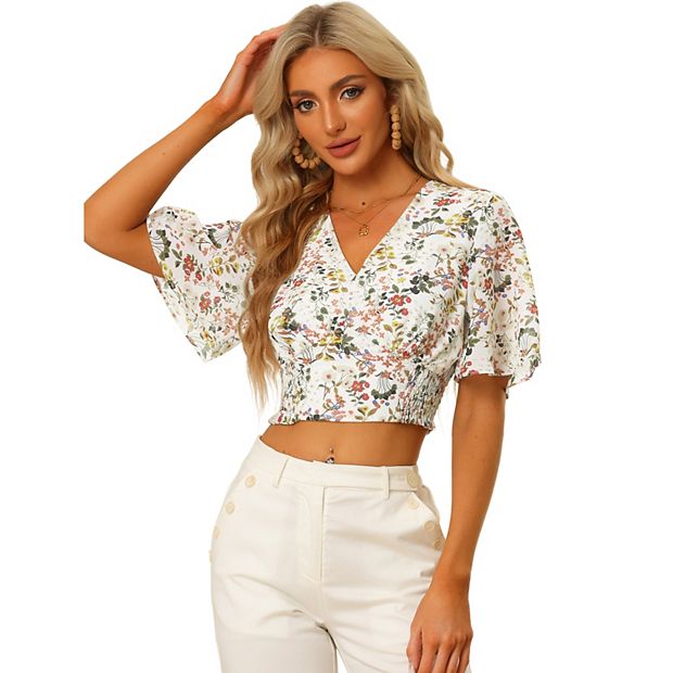 Women's Floral Flare Short Sleeve V Neck Smocked Crop Tops