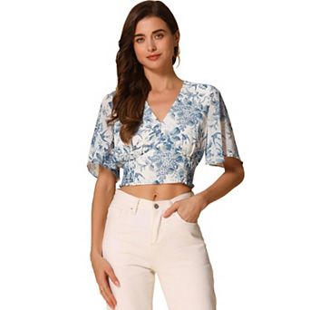Women's Floral Flare Short Sleeve V Neck Smocked Crop Tops
