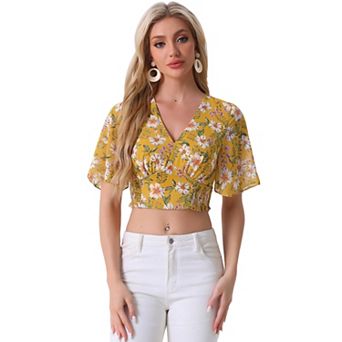 Women's Floral Flare Short Sleeve V Neck Smocked Crop Tops
