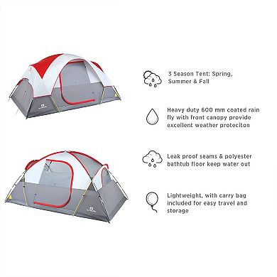 Outbound 6 Person 3 Season Long Camping Dome Tent with Rainfly & Gear Loft, Red