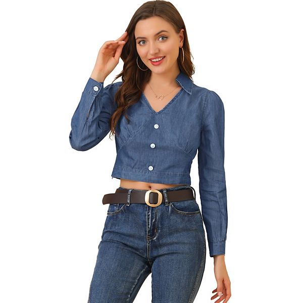 Women's Denim Top Long Sleeve Button Cuff Button Down Crop Top Blouse