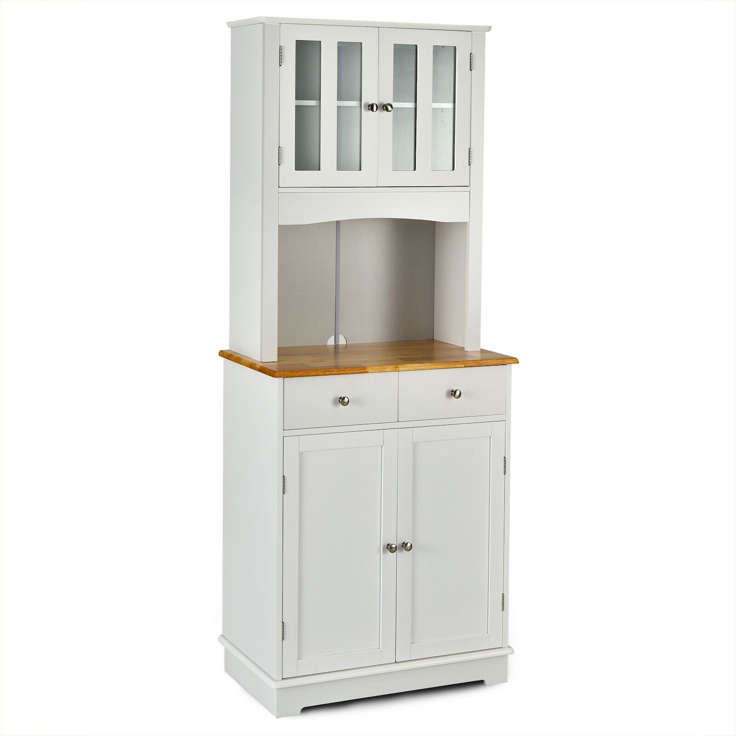 HOMCOM 73 Kitchen Pantry, Buffet with Hutch, Cupboard for Microwave, with 4 Door Cabinets, and 6-Bottle Wine Rack - White