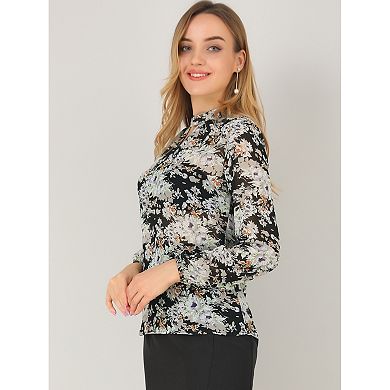 Women's Floral Semi Sheer Keyhole Blouses Stand Collar Puff Long Sleeve Tops