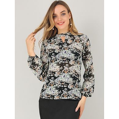 Women's Floral Semi Sheer Keyhole Blouses Stand Collar Puff Long Sleeve Tops