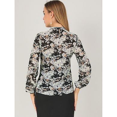 Women's Floral Semi Sheer Keyhole Blouses Stand Collar Puff Long Sleeve Tops