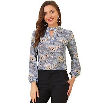 Women's Floral Semi Sheer Keyhole Blouses Stand Collar Puff Long Sleeve Tops
