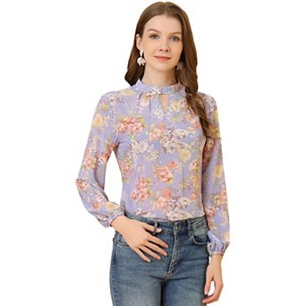 Women's Floral Semi Sheer Keyhole Blouses Stand Collar Puff Long Sleeve Tops