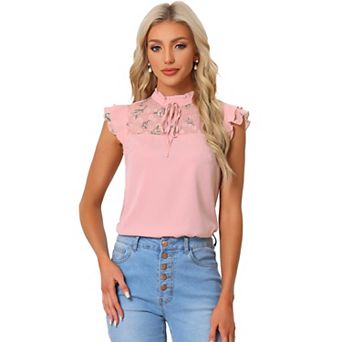 Women's Elegant Cap Sleeve Tie Neck Ruffle Collar Tops