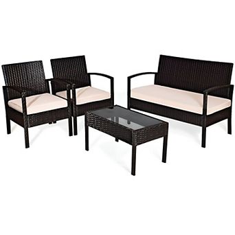 Outdoor Patio Conversation Set 4 pc Loveseat 2 Chairs Glass Top Coffee Table Rattan Furniture Set