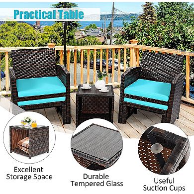 5 Pieces Patio Rattan Furniture Set with Ottoman and Tempered Glass Coffee Table-Turquoise