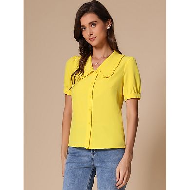 Women's Peter Pan Collar Shirt Puffy Short Sleeve Elegant Blouse Top