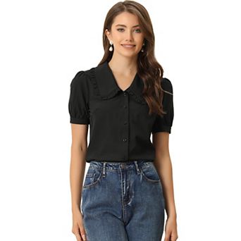 Women's Peter Pan Collar Shirt Puffy Short Sleeve Elegant Blouse Top