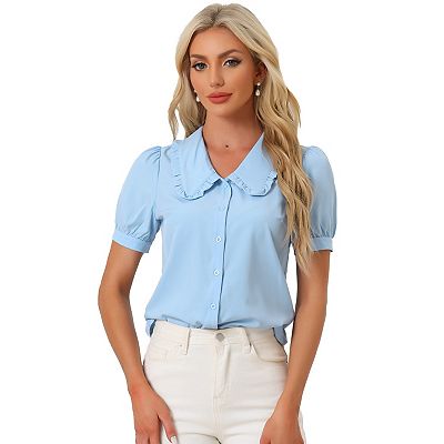 women's short sleeve dress blouses Peter Pan Collar Shirt Puff Short Sleeve Retro Vintage Blouse, Blue / XL