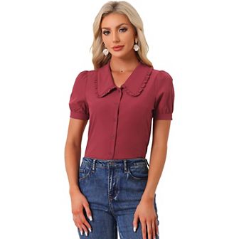 Women's Peter Pan Collar Shirt Puffy Short Sleeve Elegant Blouse Top