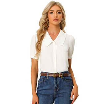 Women's Peter Pan Collar Shirt Puffy Short Sleeve Elegant Blouse Top