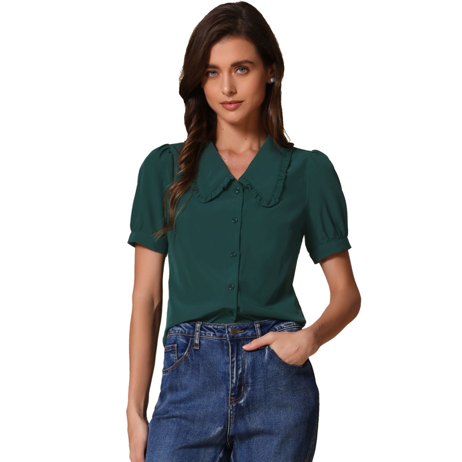 thumbnail image 2 of Women's Denim Blouses Posijego Women's Denim Shirts Short Sleeve Button Down Shirt Collared Casual Summer Tops Womens Clothes Denim Puff Sleeve Top 2 of 10