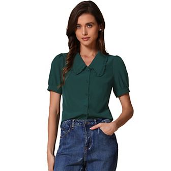 Women's Peter Pan Collar Shirt Puffy Short Sleeve Elegant Blouse Top