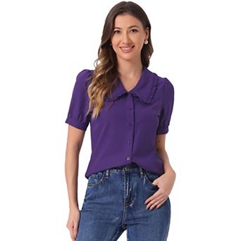 Women's Peter Pan Collar Shirt Puffy Short Sleeve Elegant Blouse Top