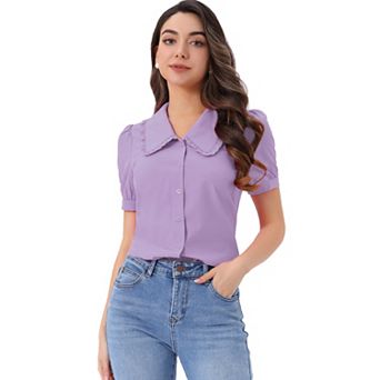 Women's Peter Pan Collar Shirt Puffy Short Sleeve Elegant Blouse Top