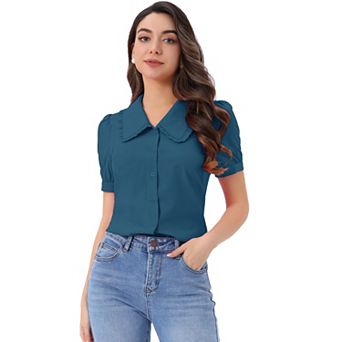 Women's Peter Pan Collar Shirt Puffy Short Sleeve Elegant Blouse Top
