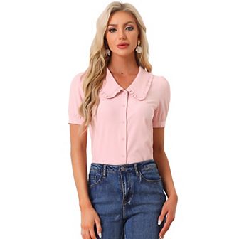 Women's Peter Pan Collar Shirt Puffy Short Sleeve Elegant Blouse Top