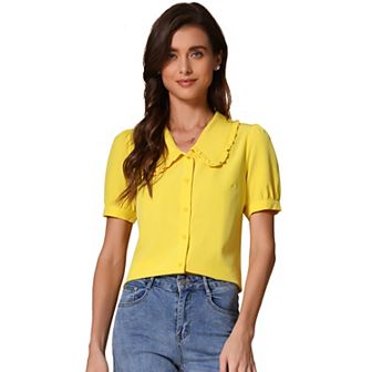 Women's Peter Pan Collar Shirt Puffy Short Sleeve Elegant Blouse Top