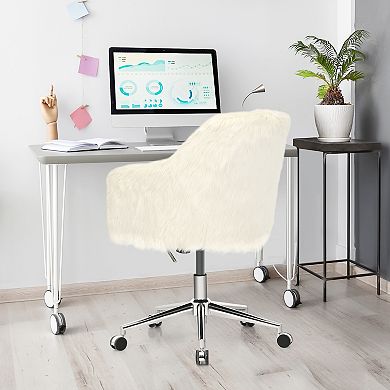 Modern Fluffy Faux Fur Vanity Office Chair for Teens Girls-Beige