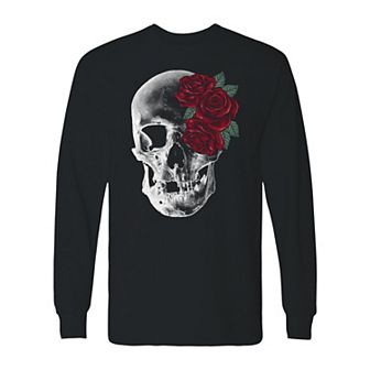 Men's Red Roses And Skull Long Sleeve Graphic Tee