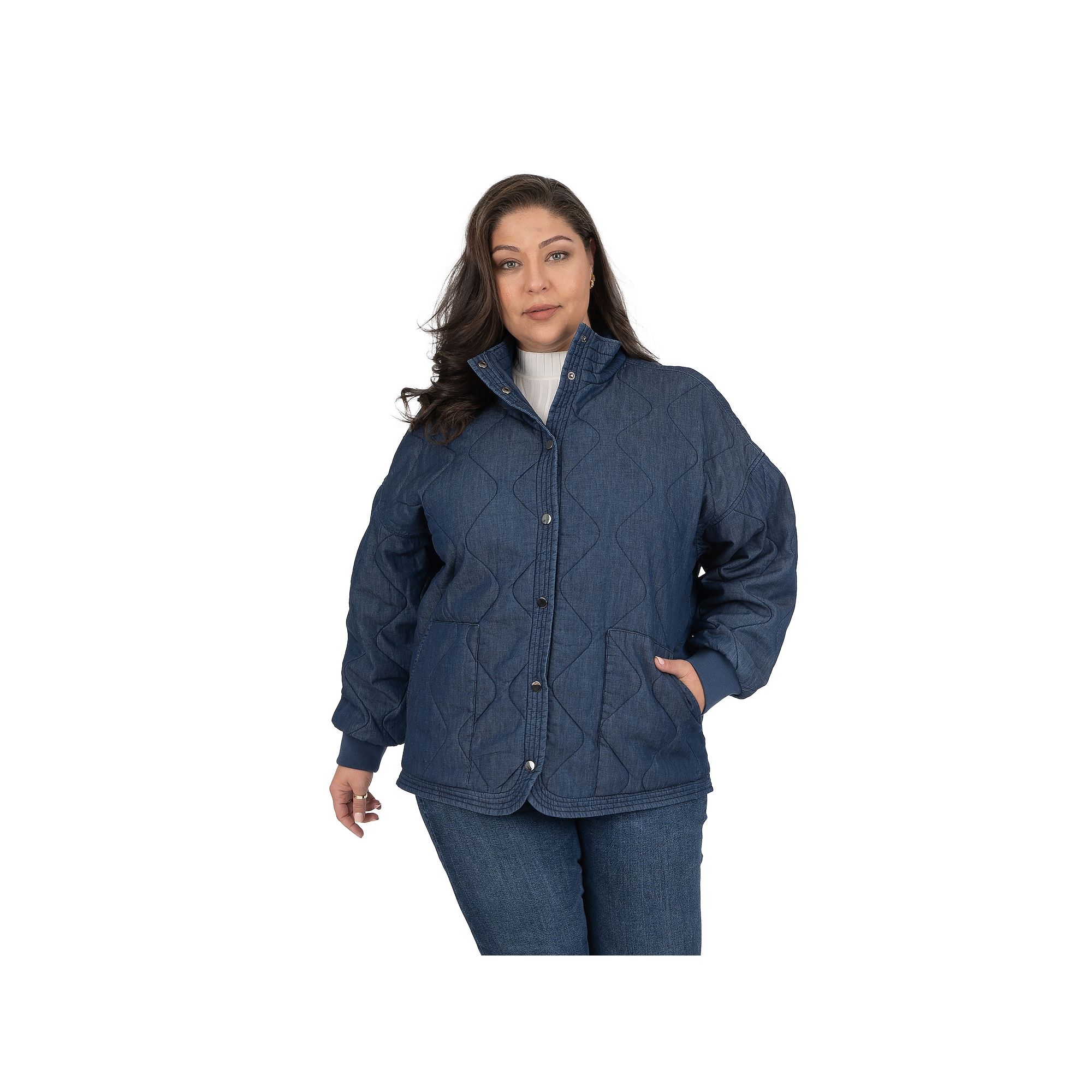 Plus Size Fleet Street Quilted Denim Jacket, Womens, Size: 1XL, Blue