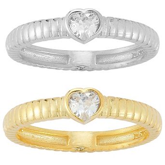 Sunkissed Sterling Two Tone Cubic Zirconia Heart Ring 2 pc Set