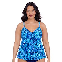 Reebok Marble Abstraction Strappy Draped Tankini Swim Top- Cobalt/Electric  Blue