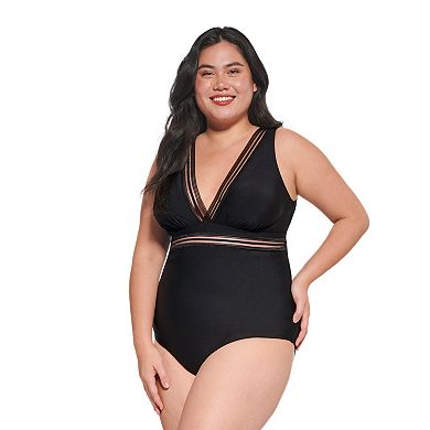 Plus Size Freshwater Mesh Lace Trimmed V-Neck Longline One Piece Swimsuit