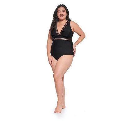 Plus Size Freshwater Mesh Lace Trimmed V-Neck Longline One Piece Swimsuit