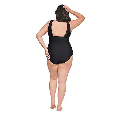 Plus Size Freshwater Mesh Lace Trimmed V-Neck Longline One Piece Swimsuit