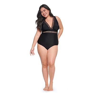 Plus Size Freshwater Mesh Lace Trimmed V-Neck Longline One Piece Swimsuit