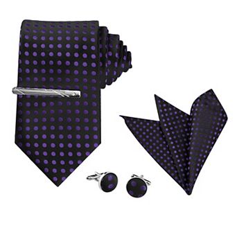 Men's Polka Dots Necktie, Tie Clip, Cuff Links, Pocket Square Set Business Wedding
