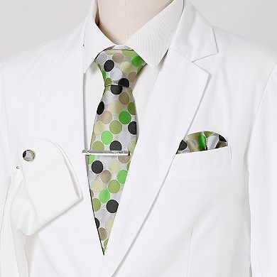 Men's Polka Dots Necktie, Tie Clip, Cuff Links, Pocket Square Set Business Wedding